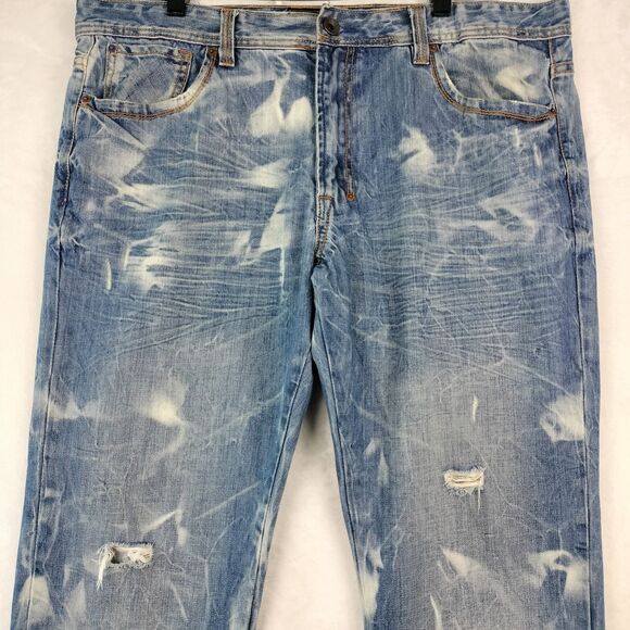 Akoo Jeans Mens Size 38x34 Blue Distressed Bleache Hip Hop Y2K Grunge Streetwear - Picture 2 of 16